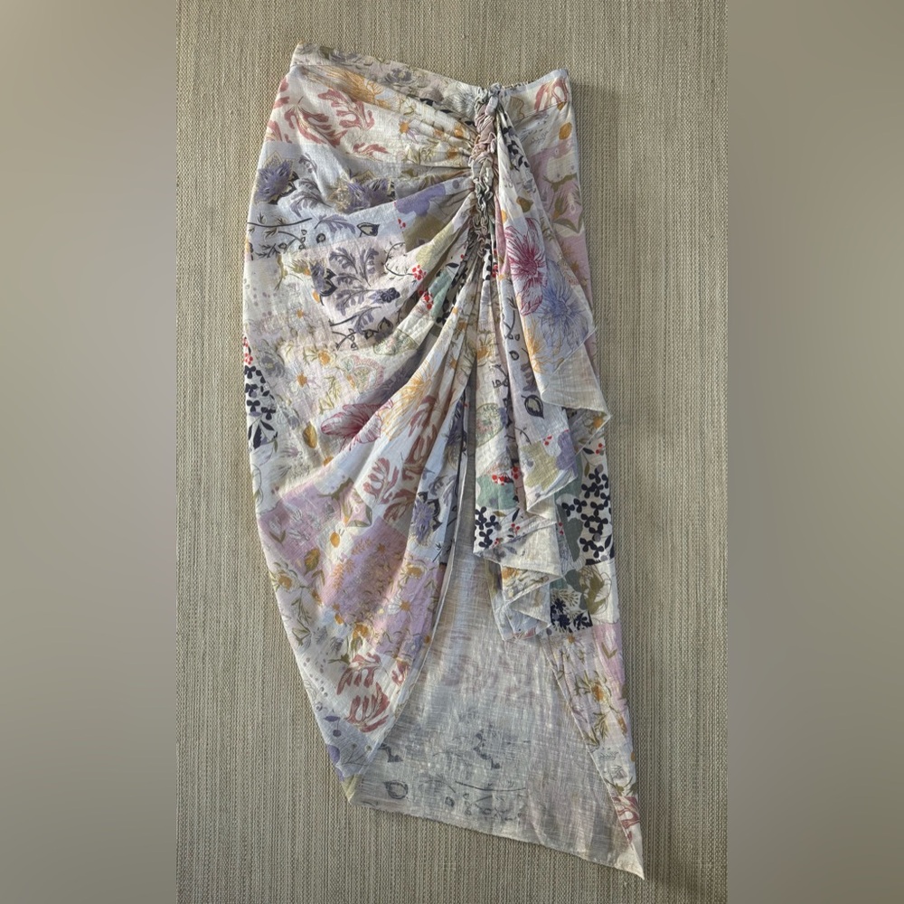 Z&L floral cotton asymmetrical gathered sarong‎ skirt swim cover up women’s M